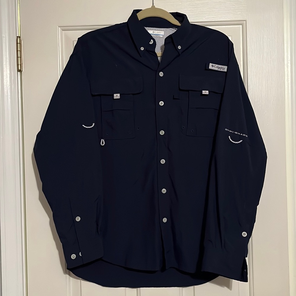 Columbia PFG Omni-shade, navy blue long sleeve fishing  shirt